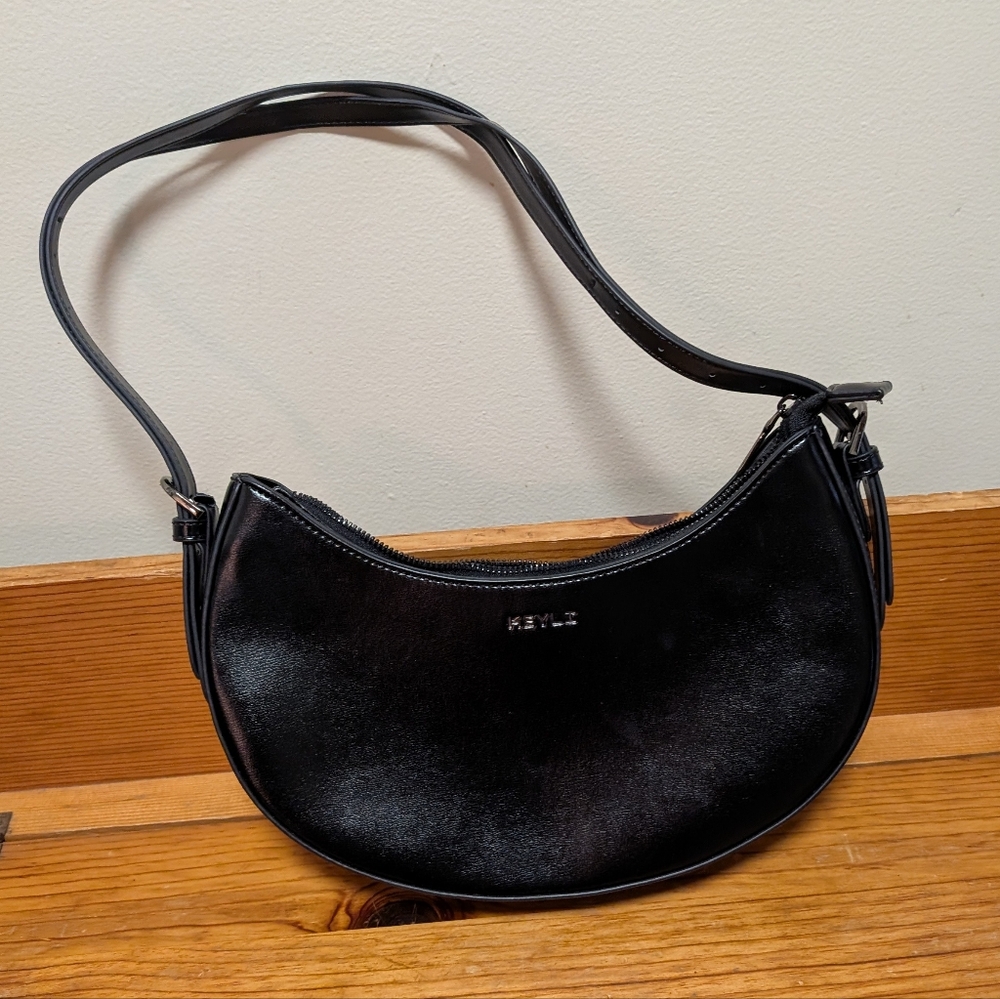KEYLI Black Faux Leather Crescent Shoulder Bag Architectural